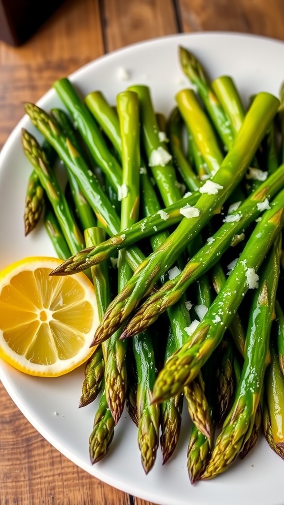 A plate of roasted asparagus garnished with lemon and Parmesan cheese.